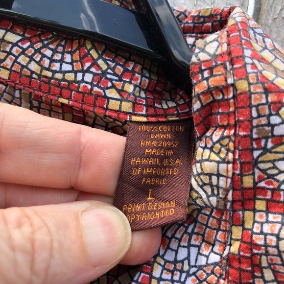 Tori Richard Men's Shirt Rust Red Mosaic Print Cotton Lawn Hawaiian Size L - Picture 6 of 11